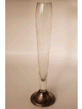 Vintage Duchin Creation Etched Leaf Crystal Bud Vase Weighted Sterling Silver